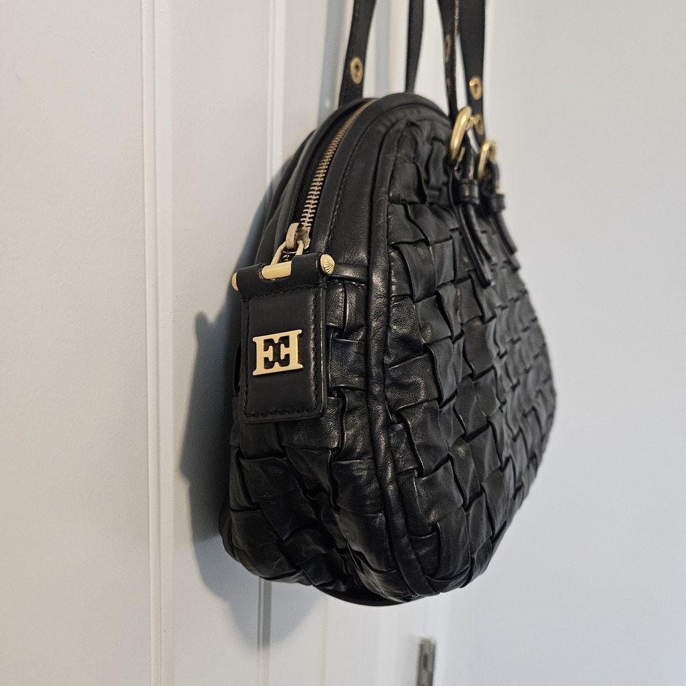 Escada Woven Satchel Shoulder Leather Bag Top Handle Gold Hardware Black - Picture 4 of 12